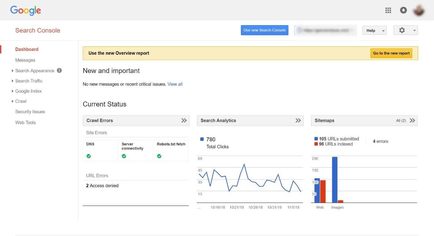 Screenshot of the old GSC dashboard