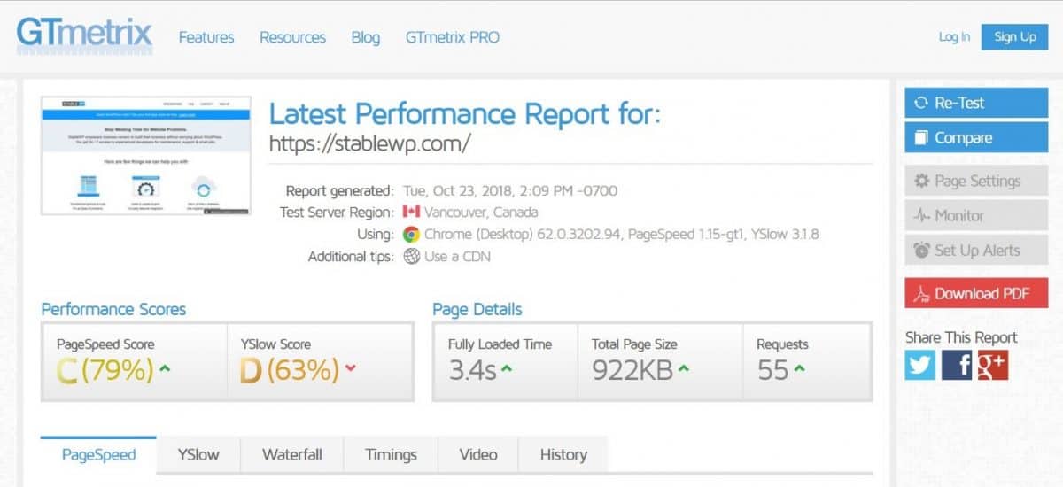 GTmetrix speed performance report 