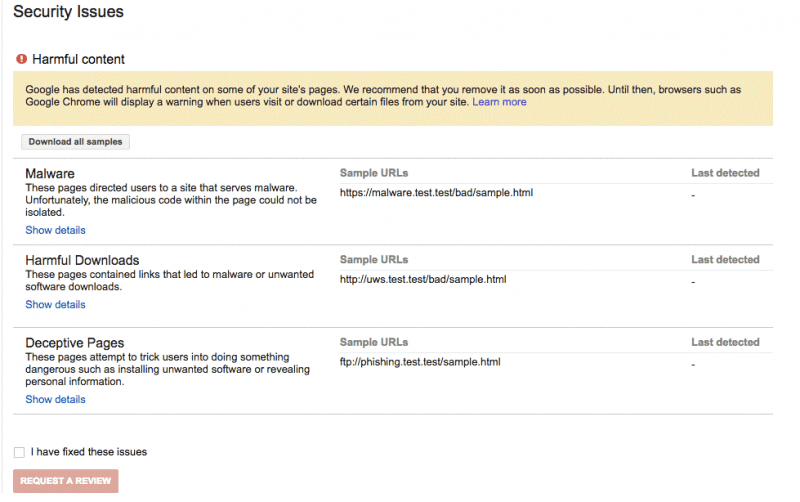 Screenshot of detected security issues in GSC