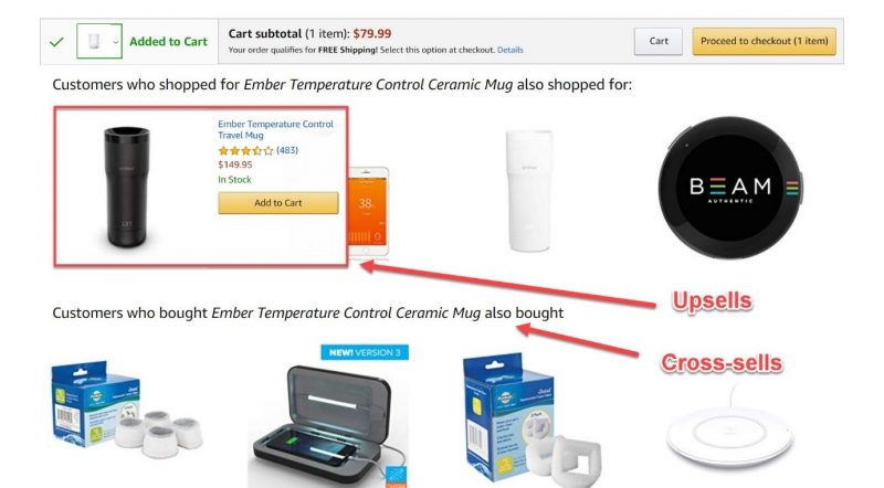 Screenshot of Amazon's cart page with cross-sells and upsells