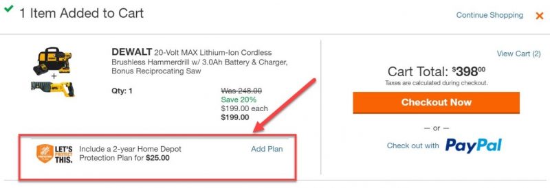 Screenshot of Home Depot upselling with a protection plan on their cart page