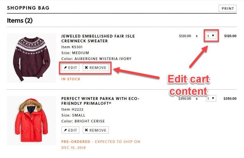 Screenshot of a cart page allowing users full control do modify their cart contents