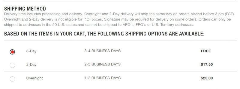 Screenshot of a page showing different shipping speeds, 2 day, 3 day and overnight shipping