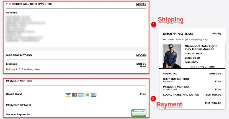 Screenshot of a checkout process where the e-commerce store asks for payment info last, after shipping information