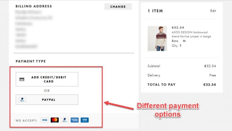 Screenshot of a checkout page offering multiple payment options to users