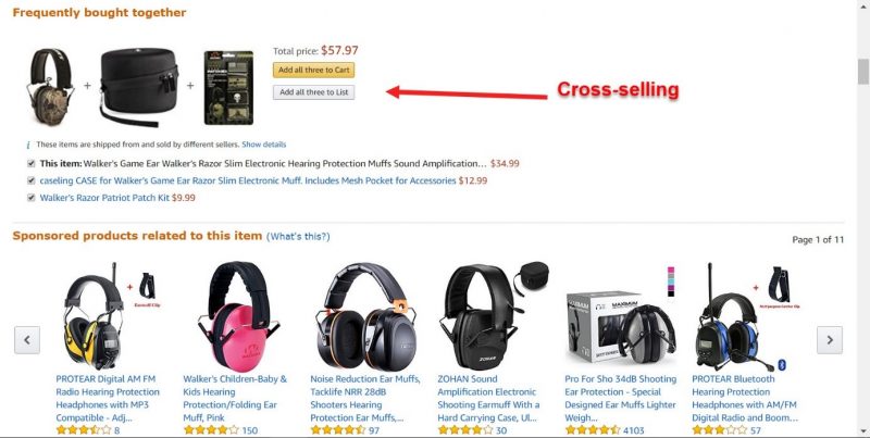 Screenshot of the below the fold area of Amazon's product page where they offer cross sells to increase customer spending 