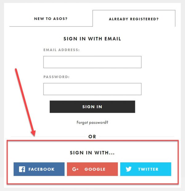 Screenshot of social login options on an e-commerce checkout page