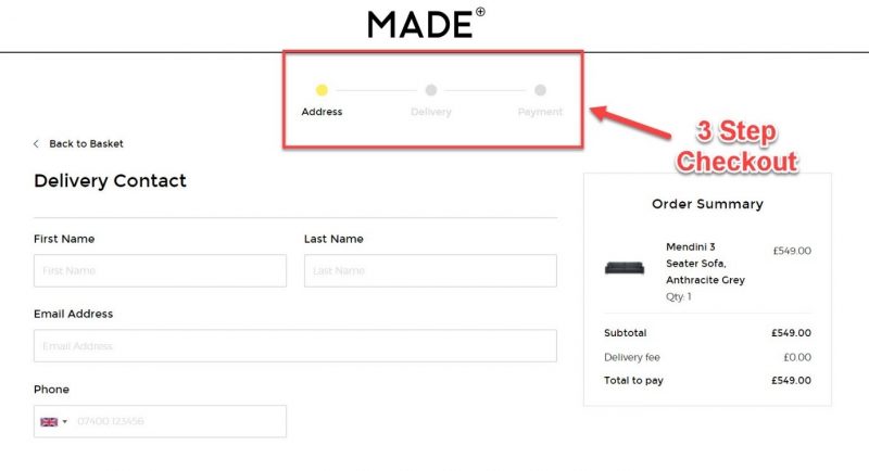 Screenshot of a checkout page with checkout process visualization on the top. 