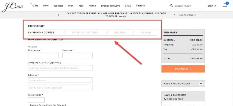 Screenshot of a checkout page with checkout flow visualization on top