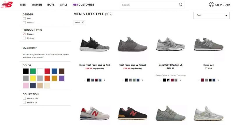 Screenshot of an ecommerce site, shopping for shoes