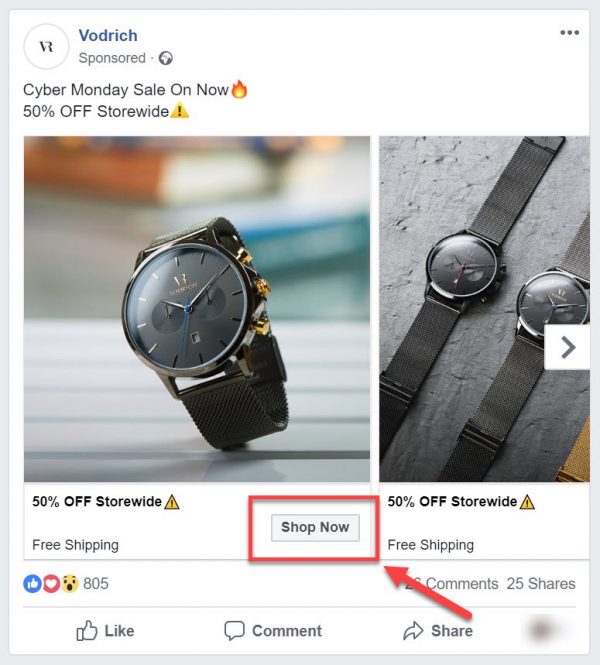 Screenshot of a conversion stage retargeting ad inviting users to shop now