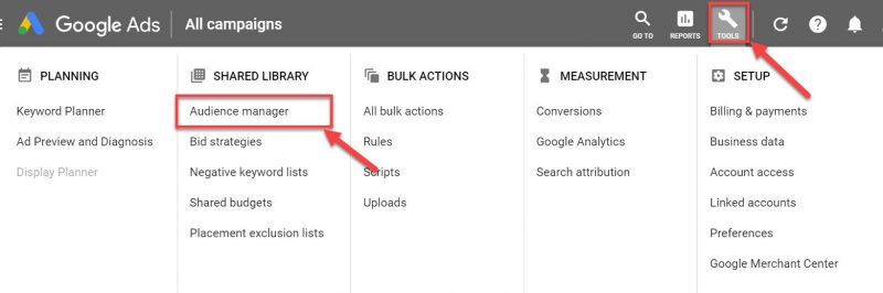 Screenshot of how to select Google Ads audience manager