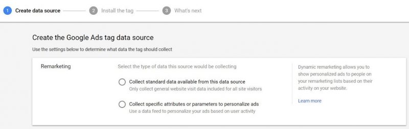 Screenshot of how to set up Google Ads data source