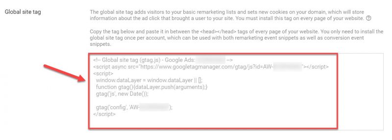 Screenshot of a Google Ads global site tag
