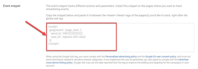 Screenshot of Google Ads events snippet