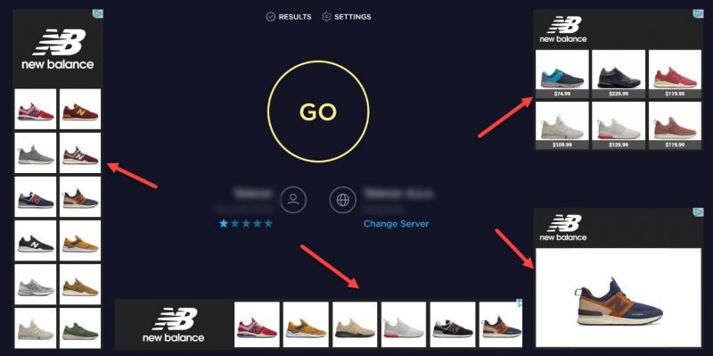 Screenshot of speedtest.net page surrounded by retargeting ads for New Balance shoes. 4 different types of retargeting display ads appear at once