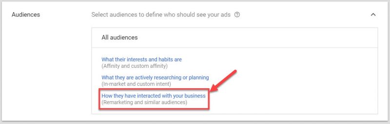 Screenshot of how to choose the right audience for your Google retargeting ads