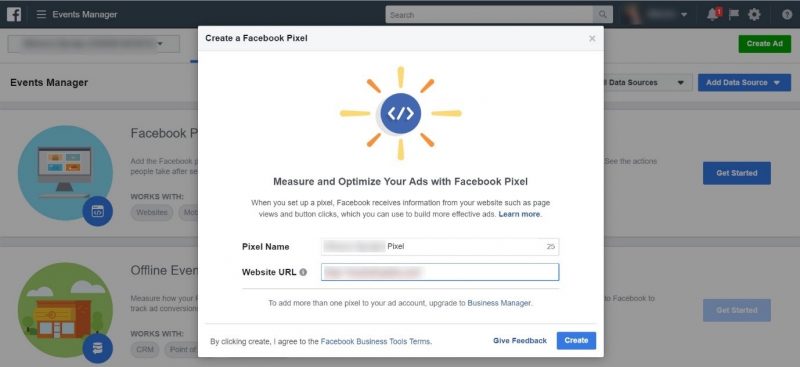 Screenshot of the first step in setting up Facebook Pixel