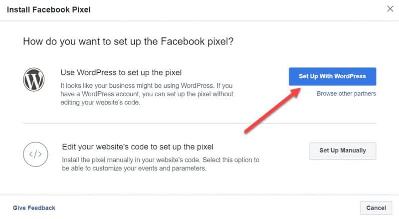 Screenshot of a selection screen where you can pick to set up Facebook Pixel using WordPress