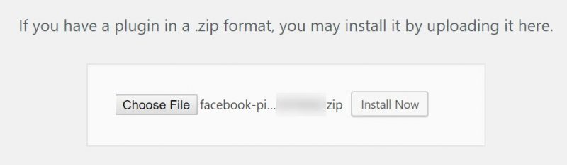 Screenshot of how to choose the Facebook Pixel plugin file to upload in WordPress