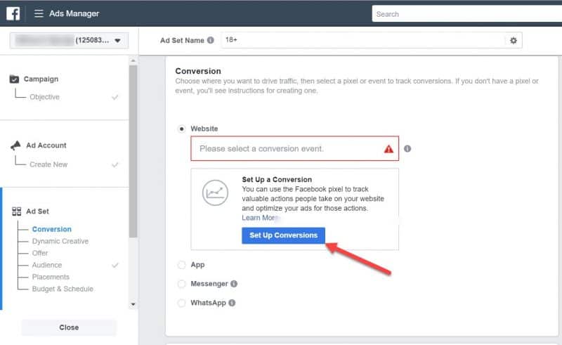 Screenshot on how to set up conversion tracking during campaign creation using Facebook ads