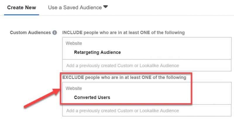 Screenshot of how to exclude converted users from Facebook retargeting ads