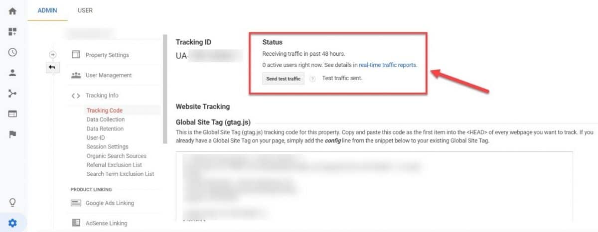 Screenshot of GA tracking status
