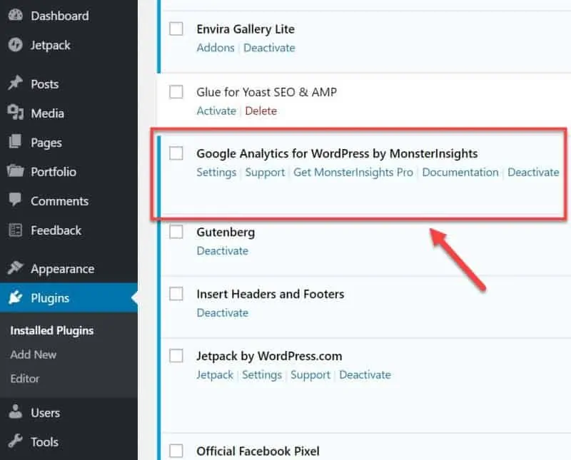 Screenshot of how to check for multiple GA plugins in WordPress