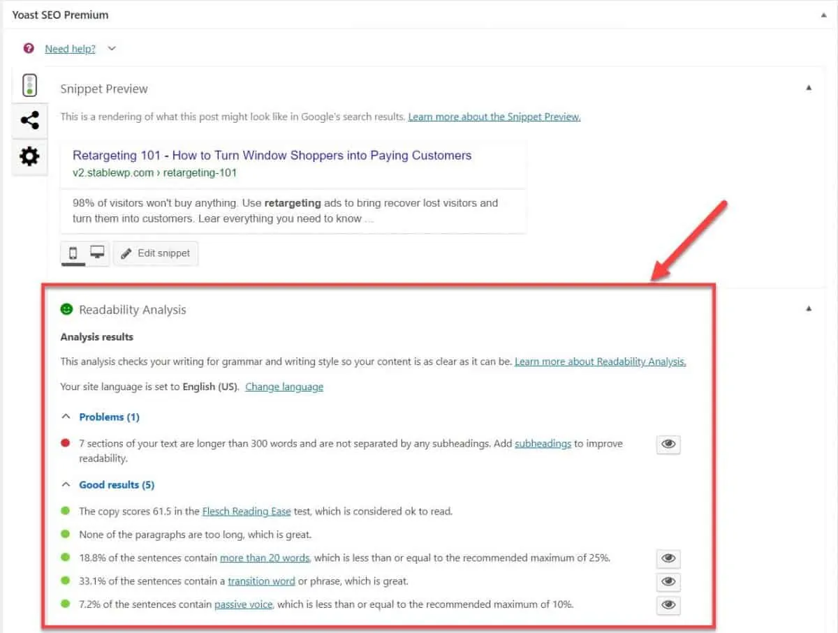 Screenshot of Yoast SEO Readability analysis