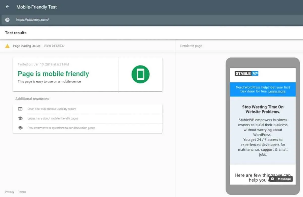 Screenshot of the mobile friendliness test