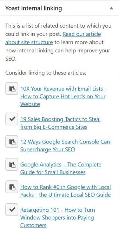 Yoast internal linking suggestions 