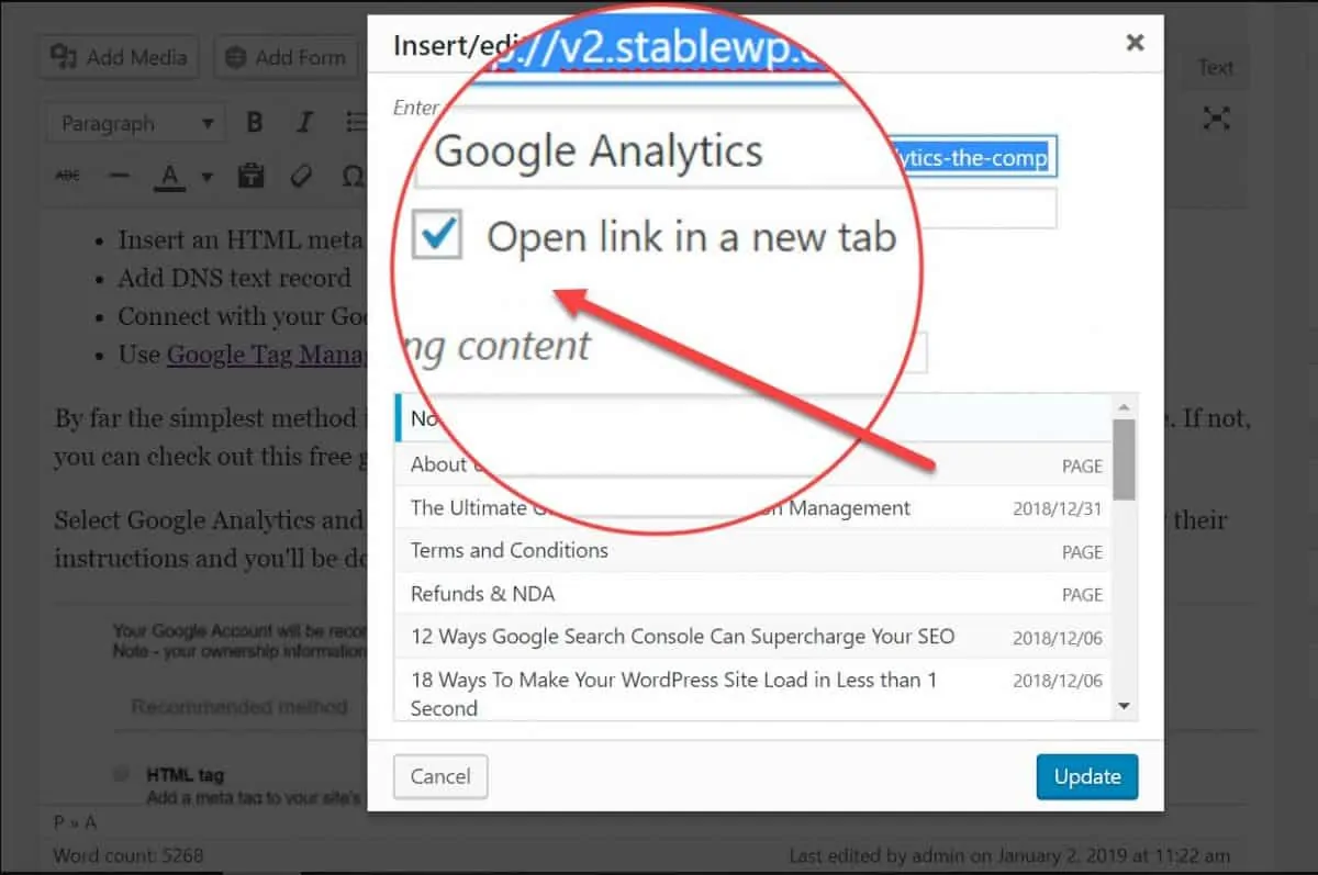 Screenshot of how to set links to open in a new tab