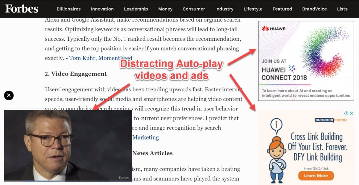 Screenshot of forbes website with poor UX due to too many distractions like ads and auto-play videos