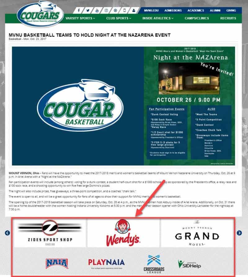 Screenshot of link building with sponsored events