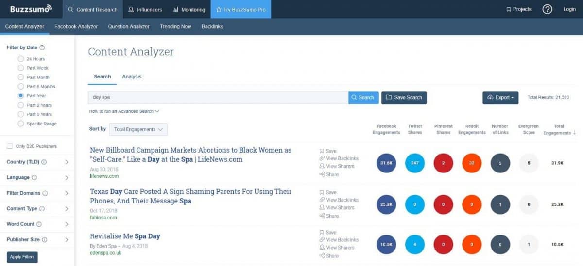 Screenshot of BuzzSumo 