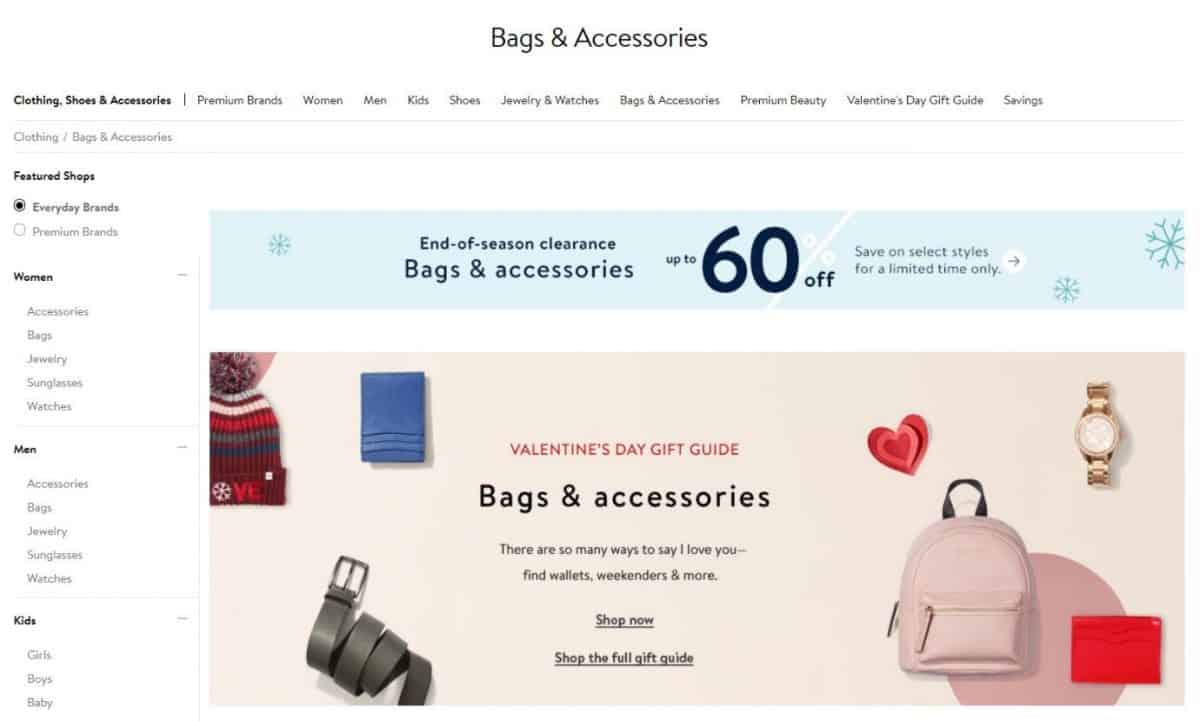 Screenshot of women's bags category on an e-commerce site