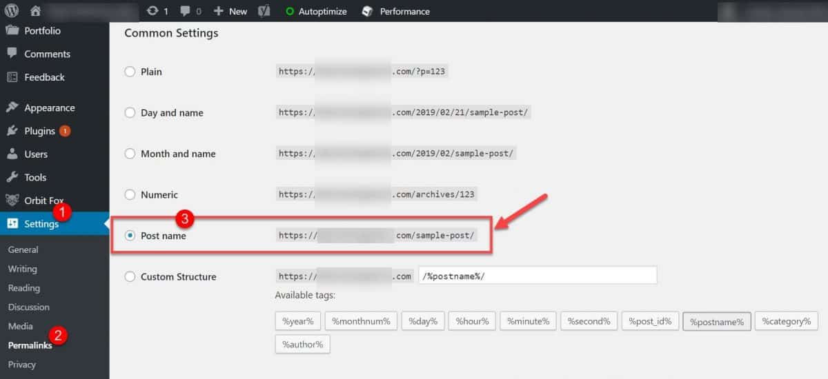 setting default URL structure in WordPress dashboard