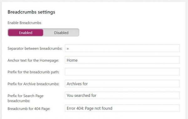 breadcrumbs settings in Yoast