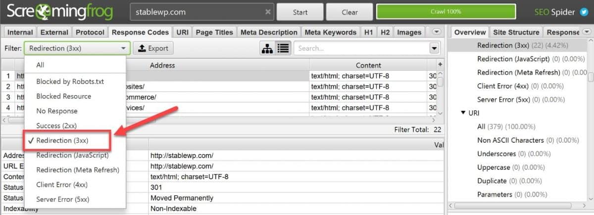 screaming frog redirections report 