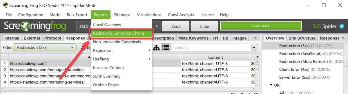 redirect chains report in screaming frog