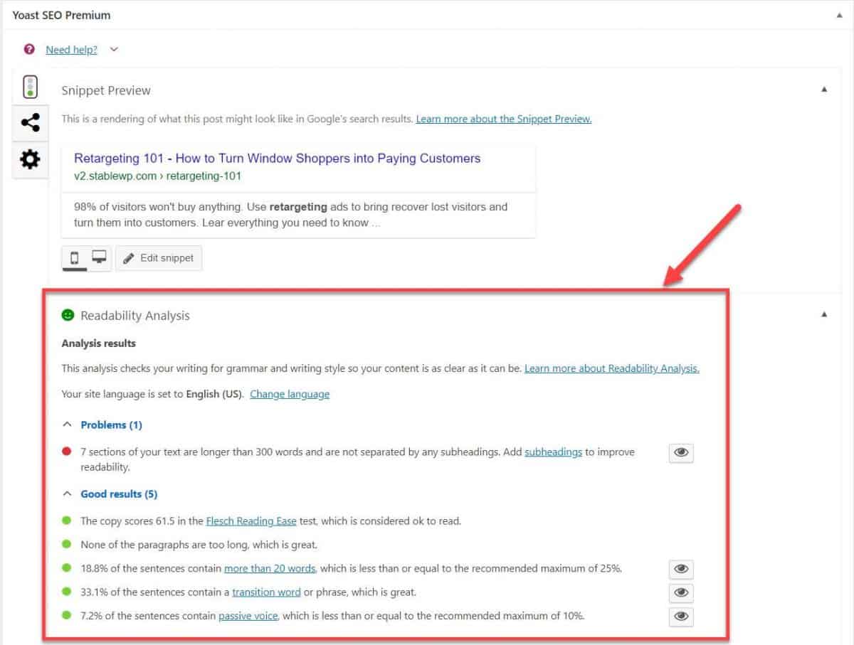 readability analysis in Yoast SEO