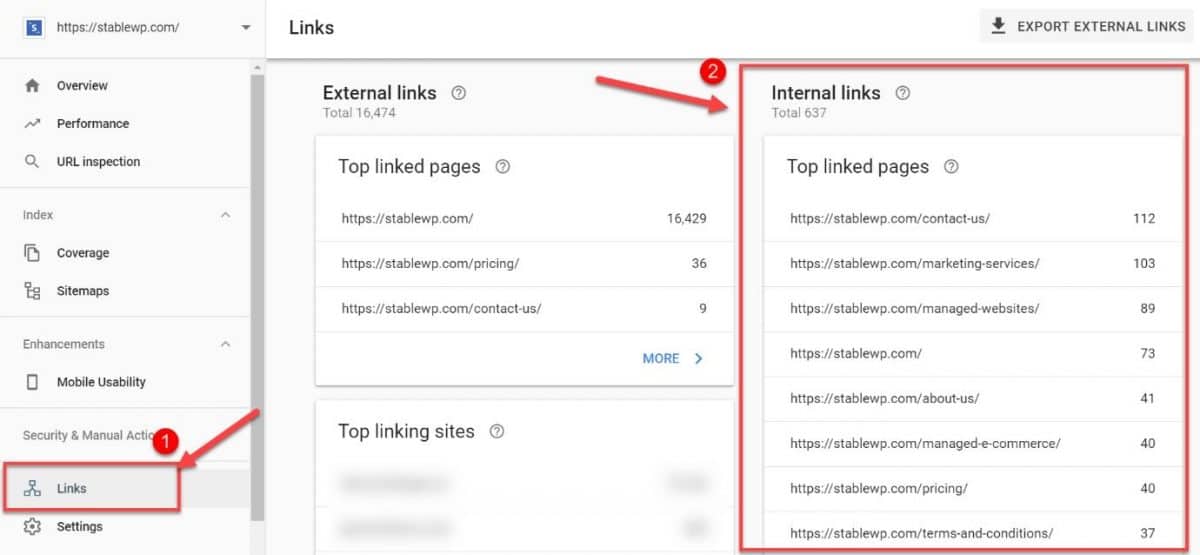 internal links report in GSC