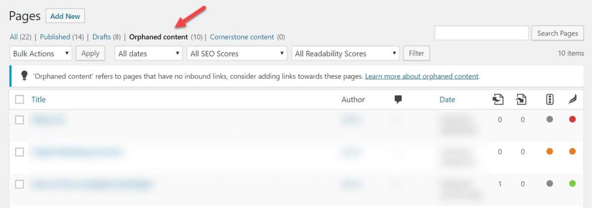 find orphaned content in WordPress using Yoast SEO