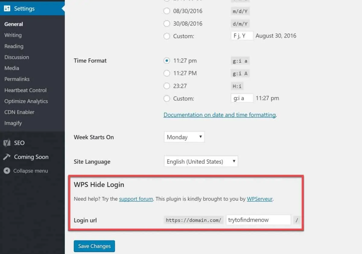 WPS Hide Login plugin configuration in WordPress dashboard 
