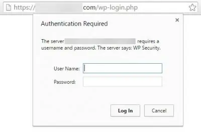 Screenshot of a site requiring username/password authentication to access WordPress login page