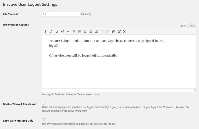 Screenshot of inactive logout configuration