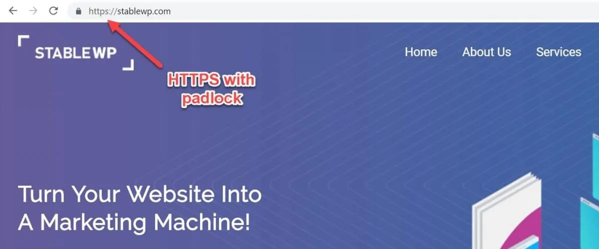 Screenshot of a website with HTTPS and padlock symbols 