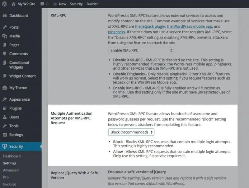 Screenshot of how to block XML-RPC using iThemes plugin