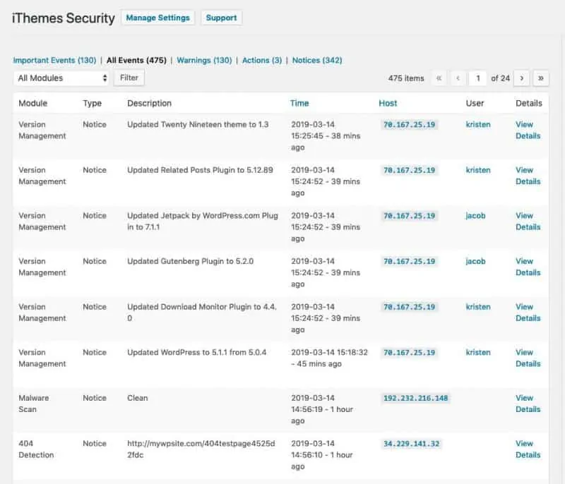 Security logging in iThemes plugin