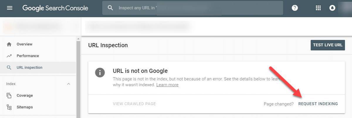 Request indexing in Google Search Console